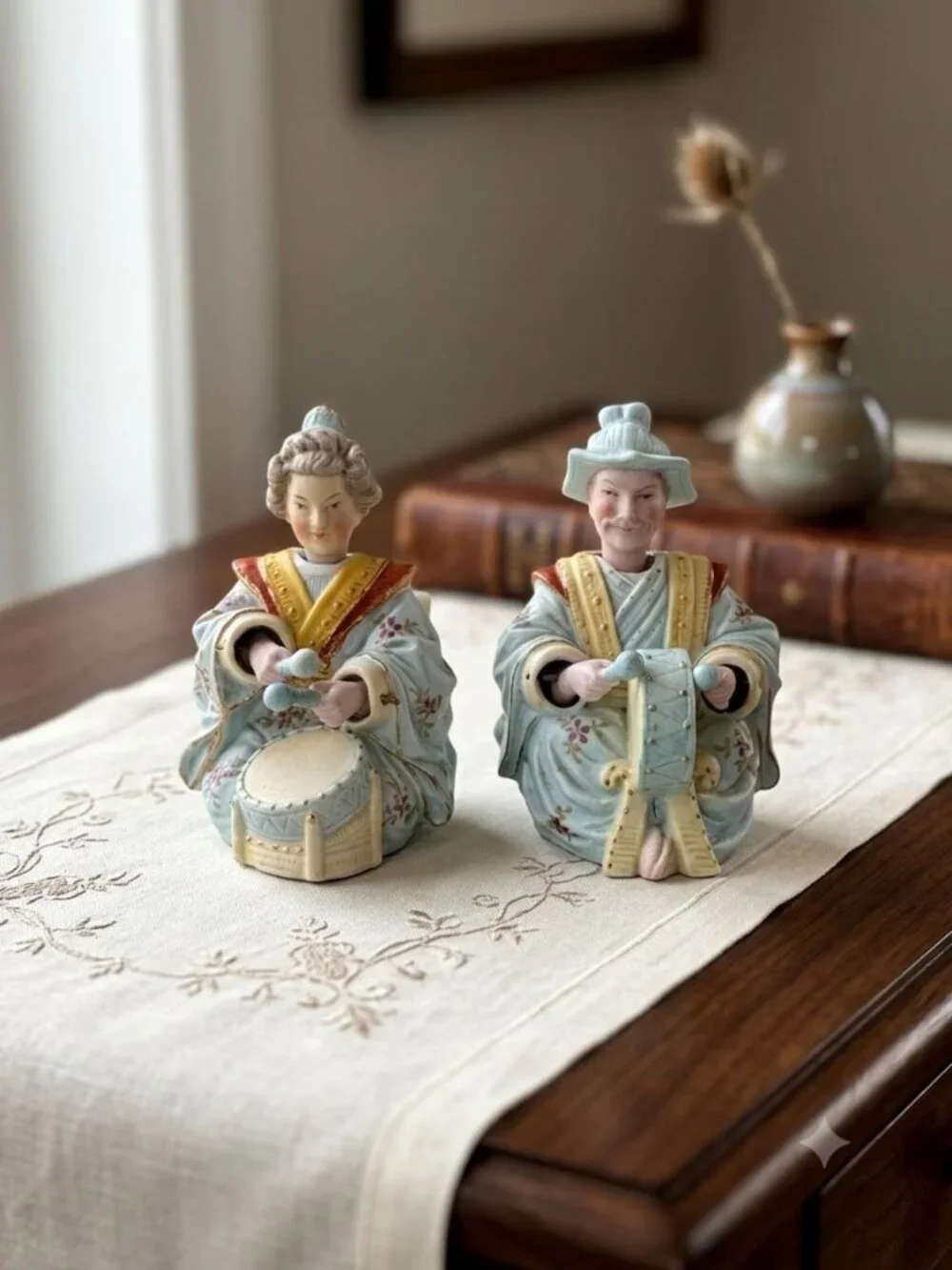 Vintage Ardalt Japan Bisque Porcelain Nodder Drummers Pair 6492 Asian Musicians